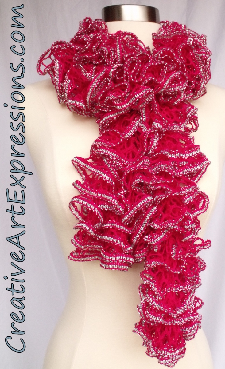 Creative Art Expressions Hand Knit Pink Topaz & Silver Ruffle Scarf